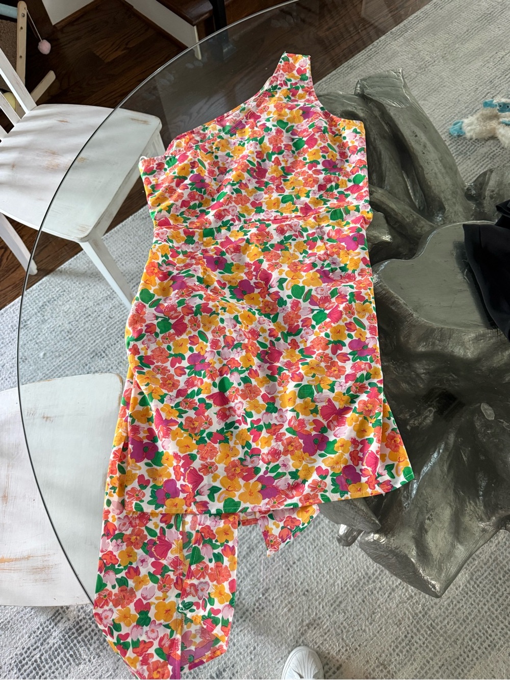 Hello Molly One-Shoulder Floral Mini Dress in Pink, Yellow & Green